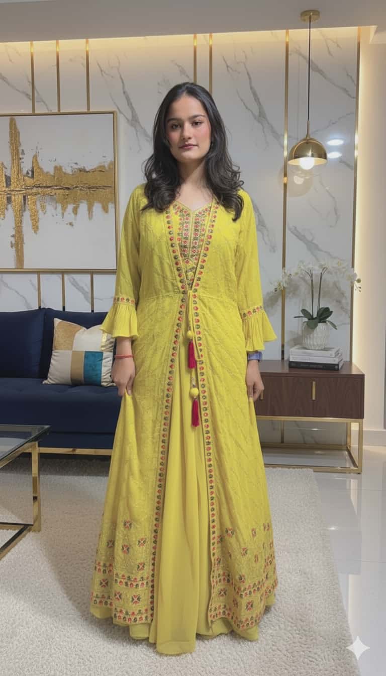 Women Yellow Georgette Gown Set