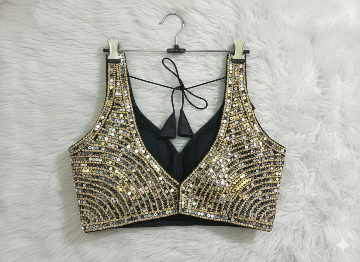 Black heavy stone real mirror with sequence bridal blouse