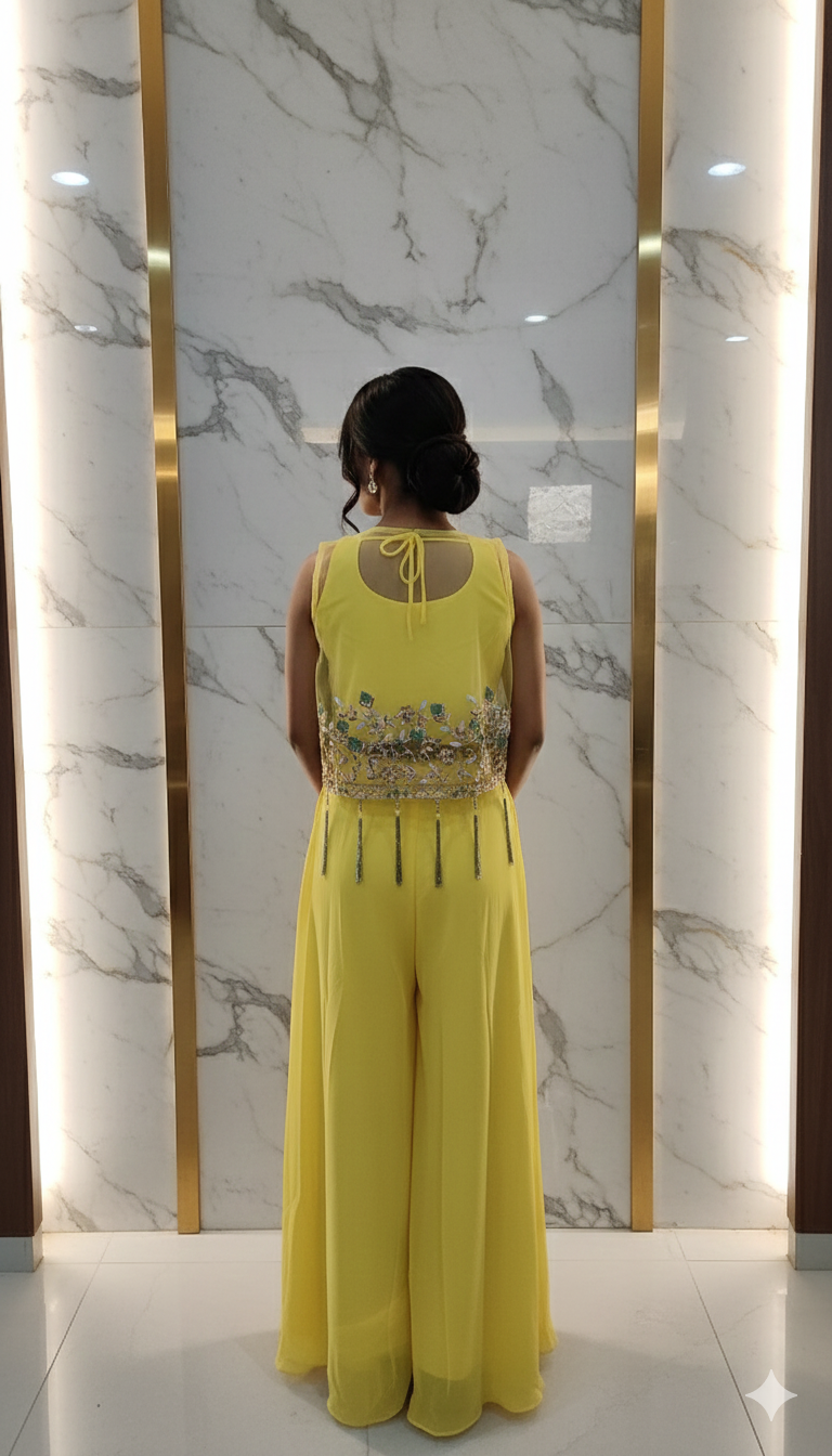 Designer party wear three piece set palazzo blouse and jacket 