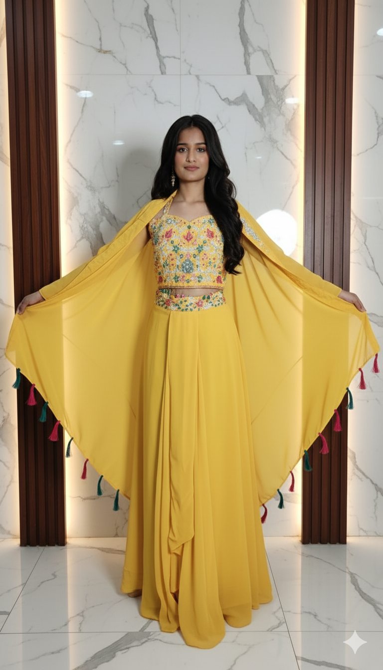 Designer party wear dress three piece set blouse palazzo and Shrug 