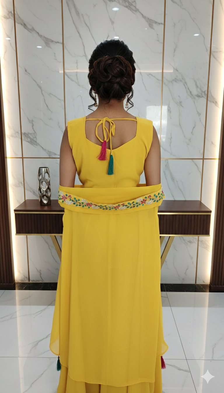 Designer party wear dress three piece set blouse palazzo and Shrug 