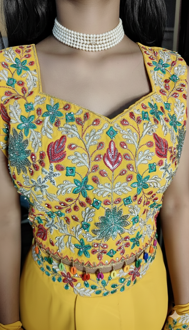 Designer party wear dress three piece set blouse palazzo and Shrug 