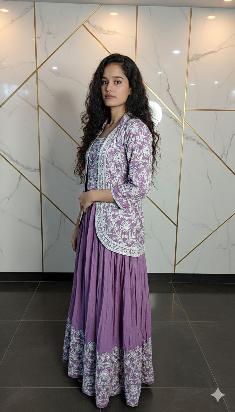 Designer three piece set blouse jacket and lehenga 