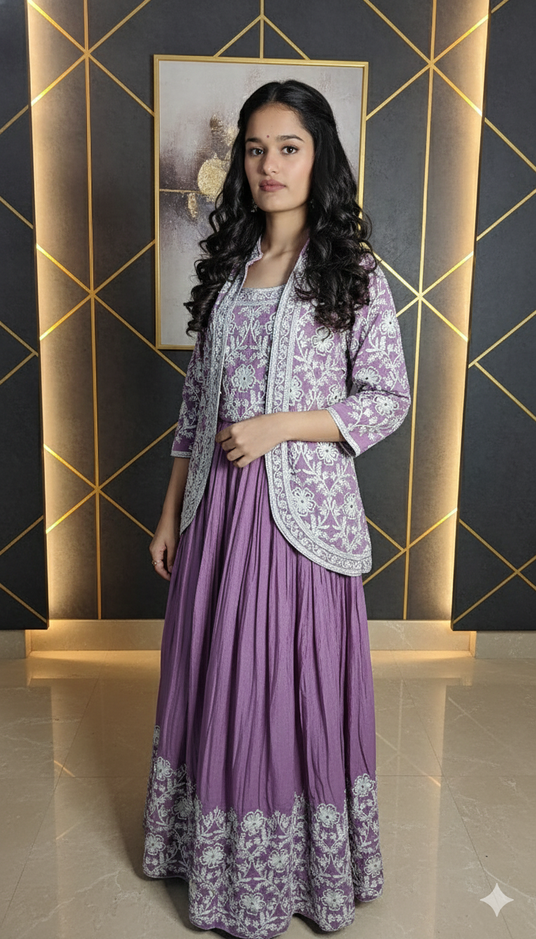Designer three piece set blouse jacket and lehenga 