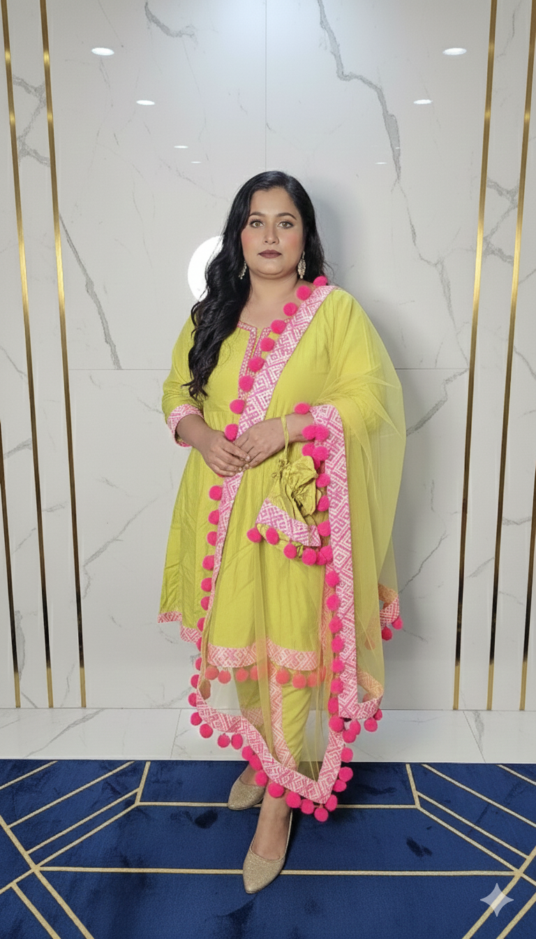 Stylish party wear frock suit with pom pom 
