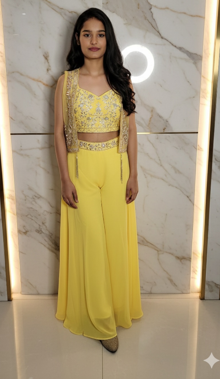 Designer party wear three piece set palazzo blouse and jacket 