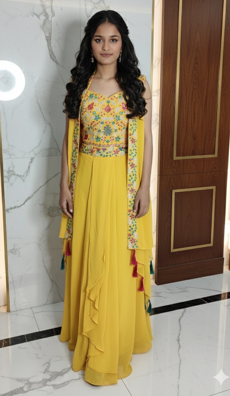 Designer party wear dress three piece set blouse palazzo and Shrug 