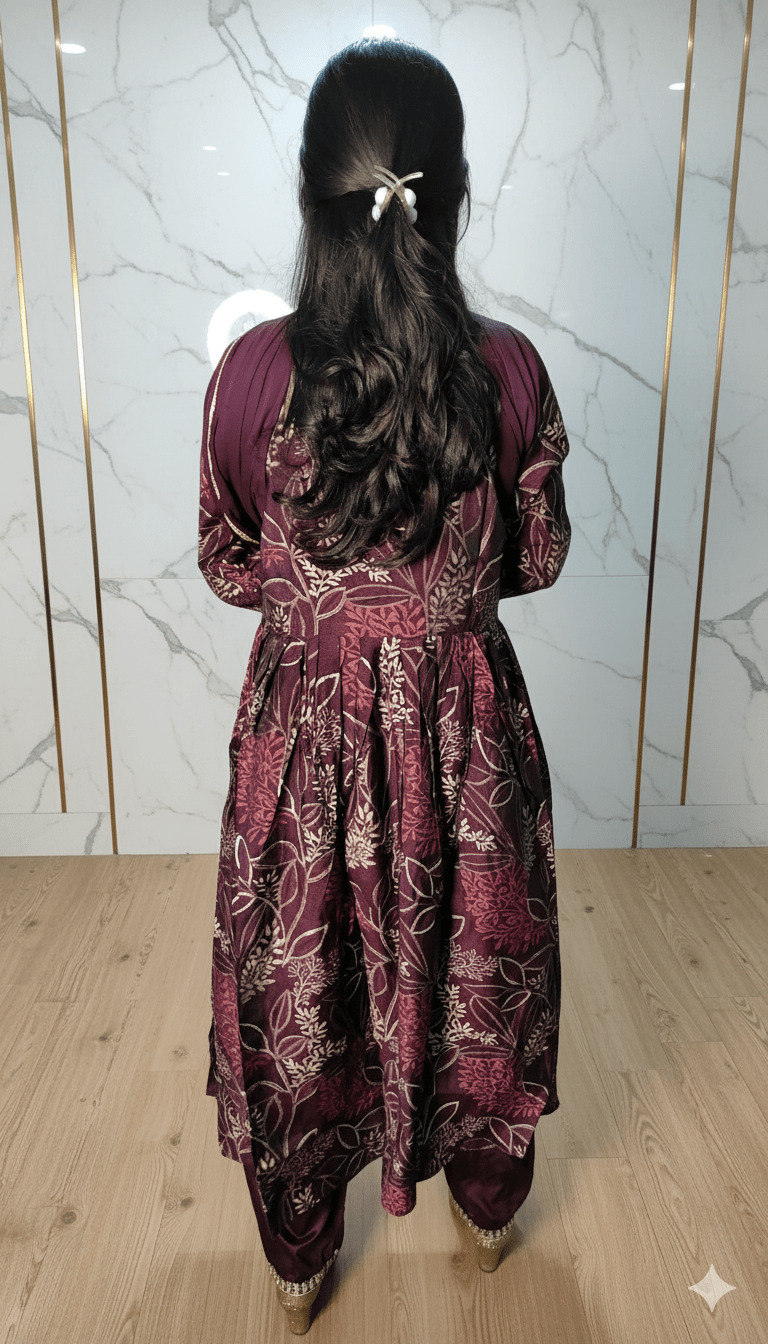 Women Wine Naira Cut Kurta Set