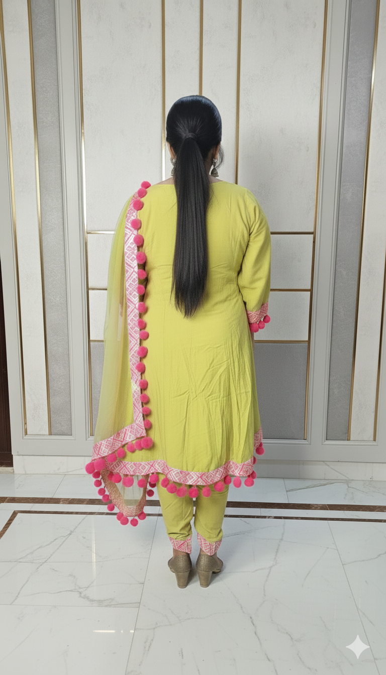 Stylish party wear frock suit with pom pom 