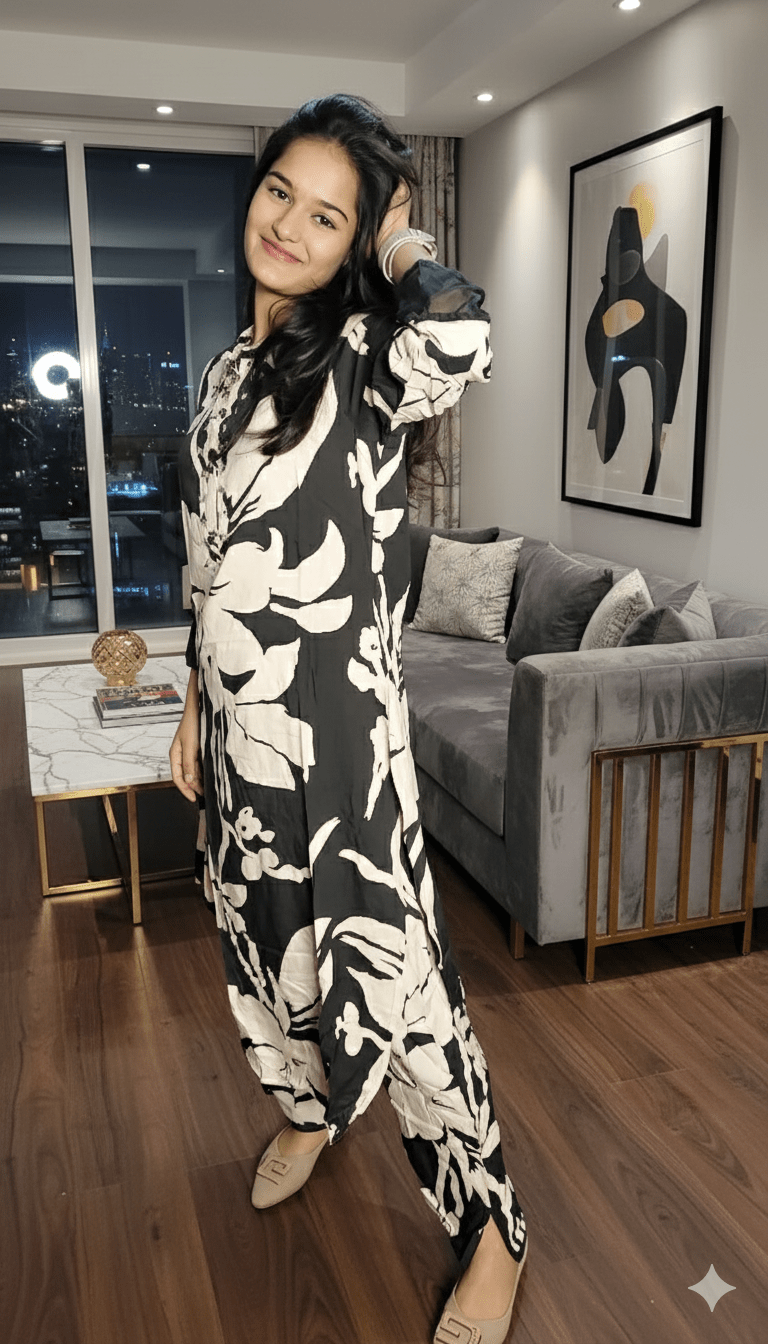 Women Black White Rayon Suit Set