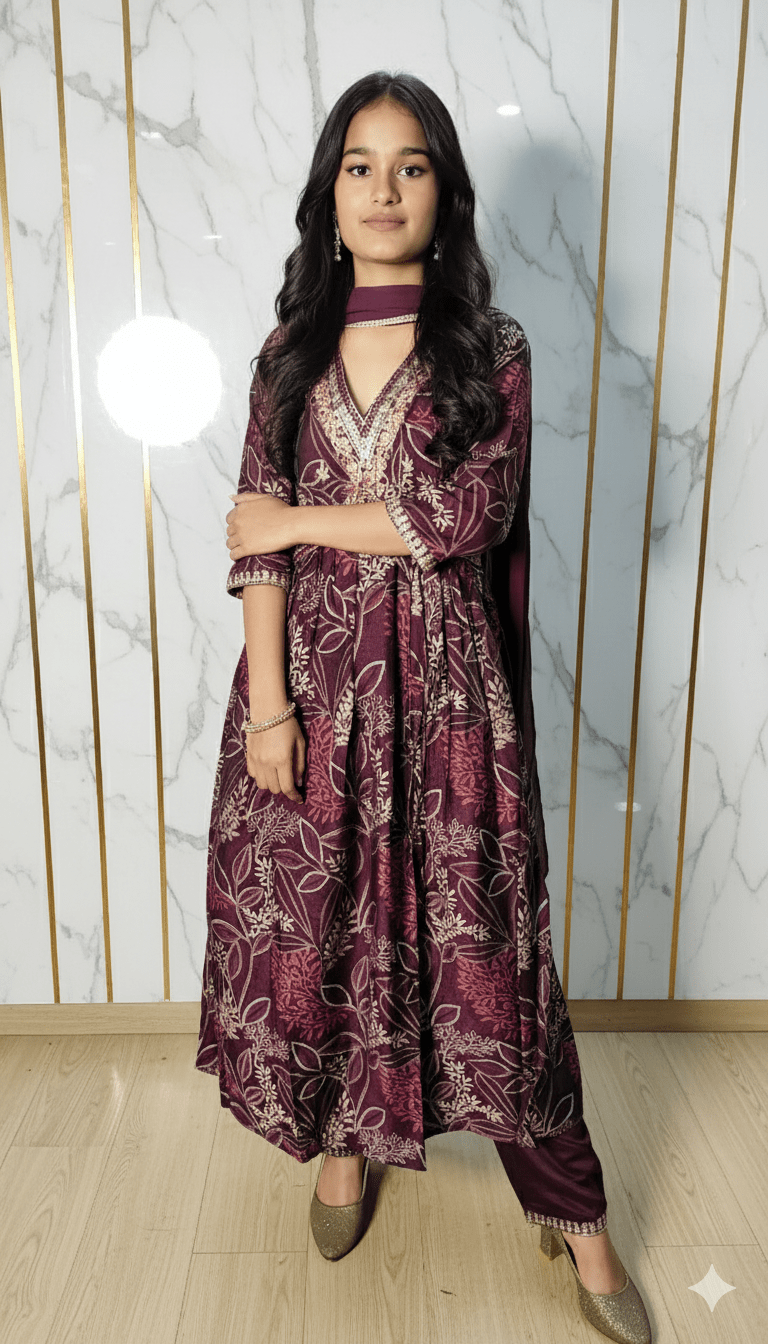 Women Wine Naira Cut Kurta Set